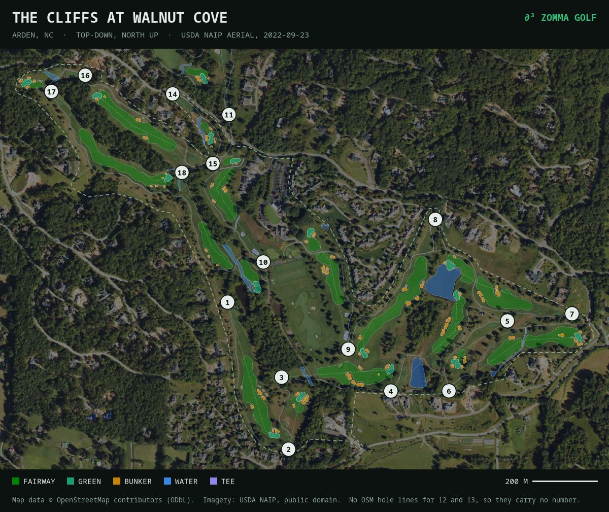 Aerial map of The Cliffs at Walnut Cove with fairways, greens, bunkers and water drawn on top, hole numbers marked.