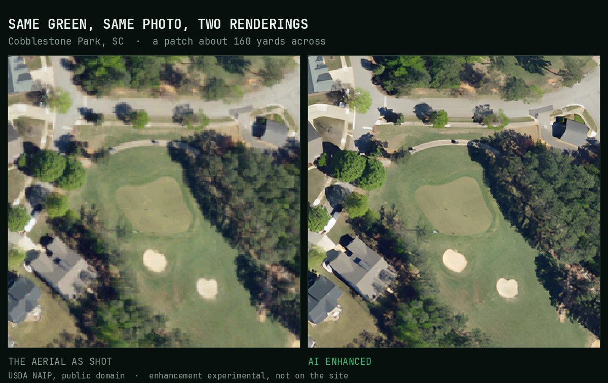 The same green at Cobblestone Park, South Carolina, twice: on the left the blocky aerial photo as shot, on the right the AI-enhanced version with sharp bunker edges, trees and rooftops.