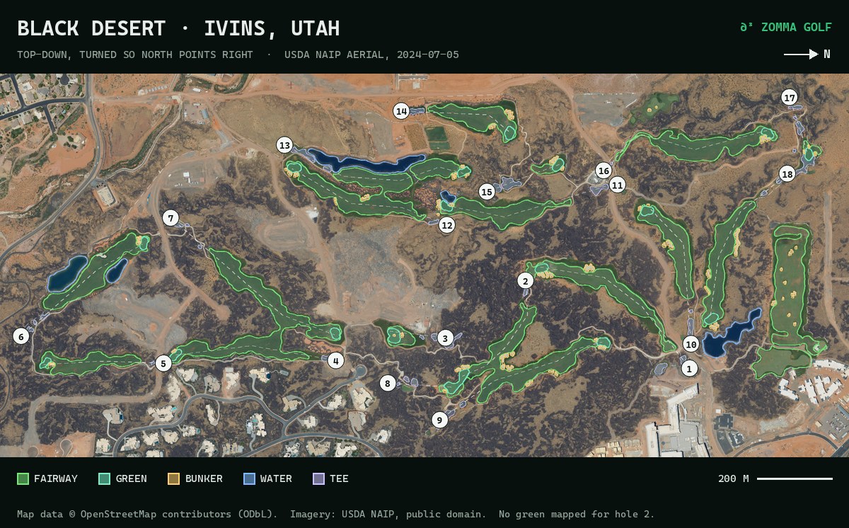 Aerial photo of Black Desert with all 18 holes numbered: bright green fairways threading through dark lava rock, with the mapped greens, bunkers, water and tees outlined.