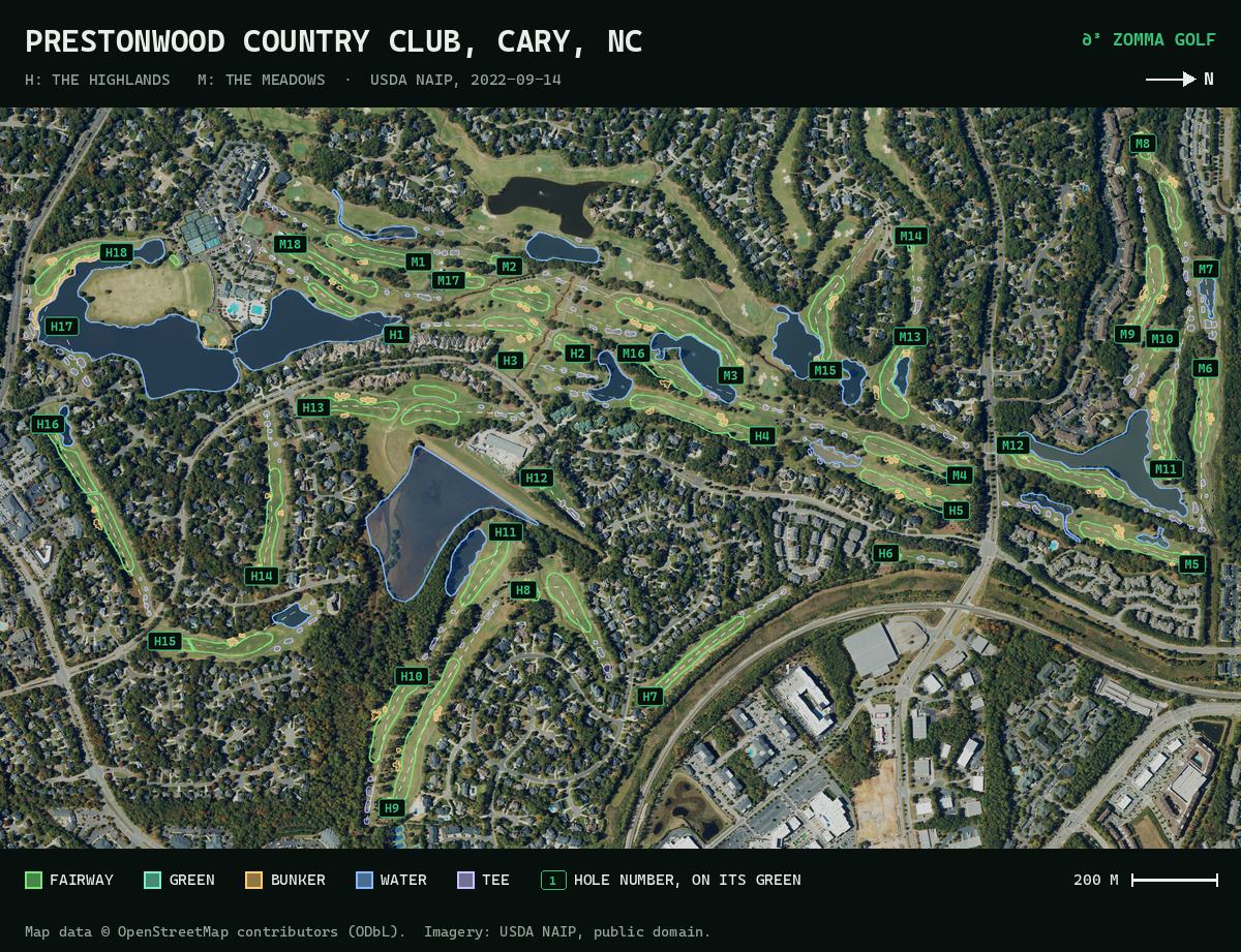 Aerial photo of Prestonwood Country Club with the Highlands holes labelled H1 to H18 and the Meadows holes labelled M1 to M18, their fairways, greens, bunkers and water outlined.