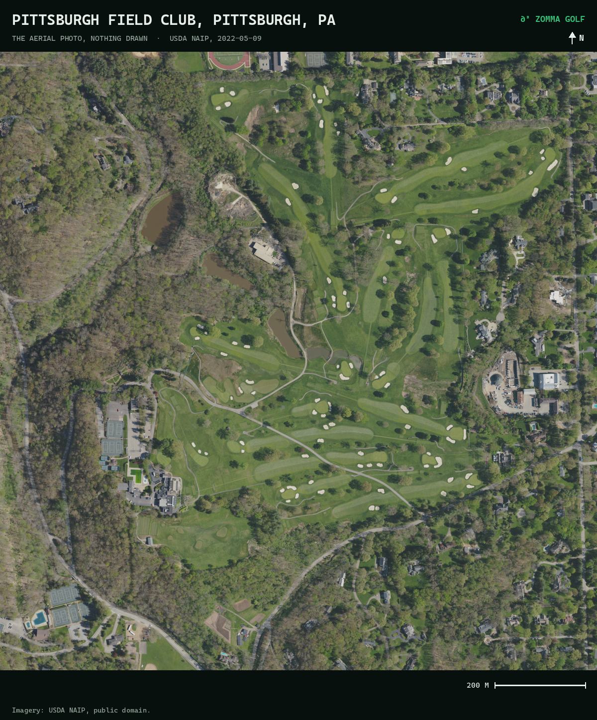 The aerial photo of the Pittsburgh Field Club in Fox Chapel, Pennsylvania, with nothing drawn on it.