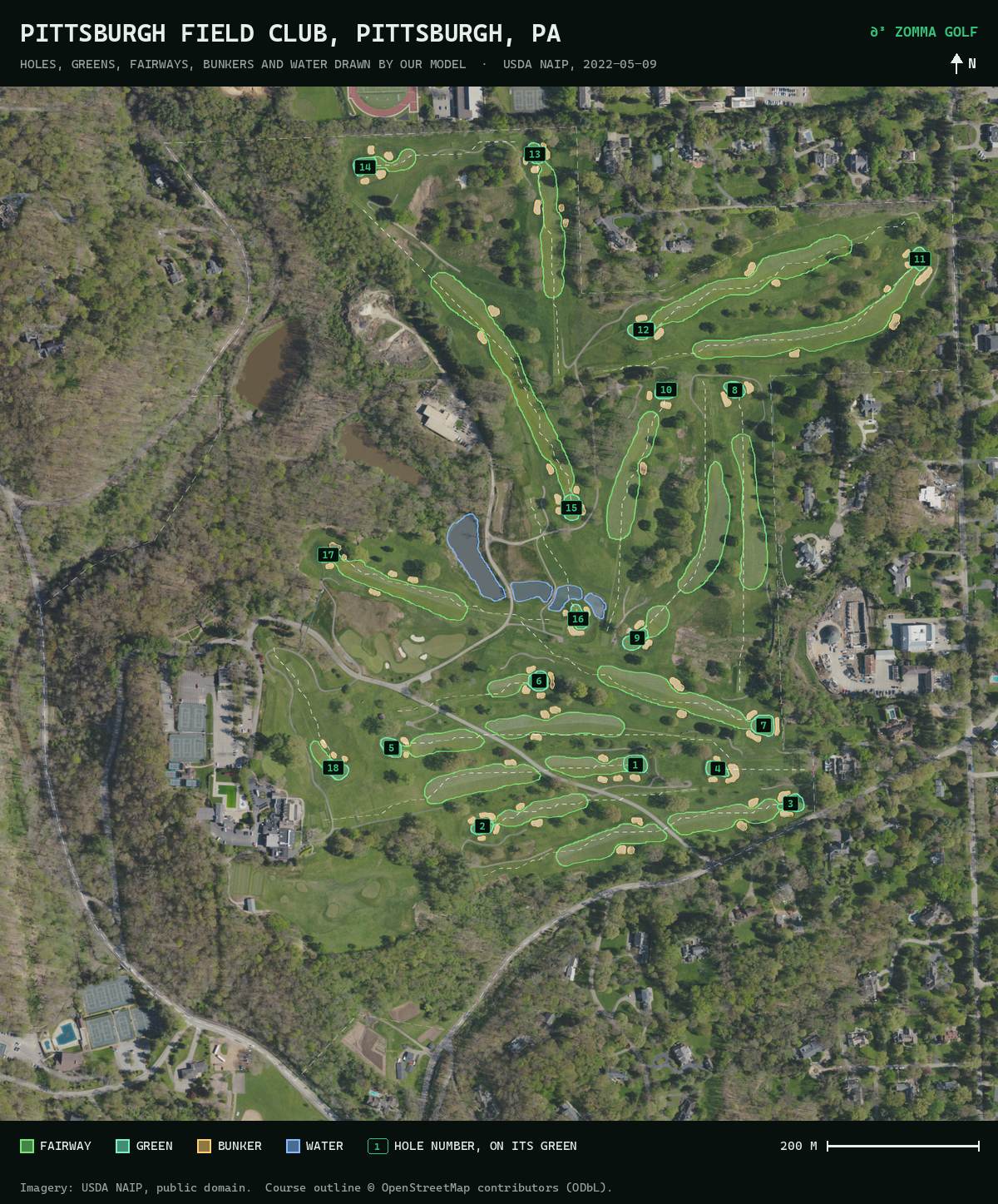 The same aerial photo with every hole numbered from the tee, and the fairways, greens, bunkers and water outlined, all drawn by our model.