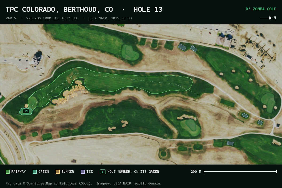 Aerial photo of TPC Colorado's 13th hole, turned so north points right. The tees are at the right, the fairway runs left and bends, a long band of bunkers sits beside the last part of the fairway, and the green is at the far left.